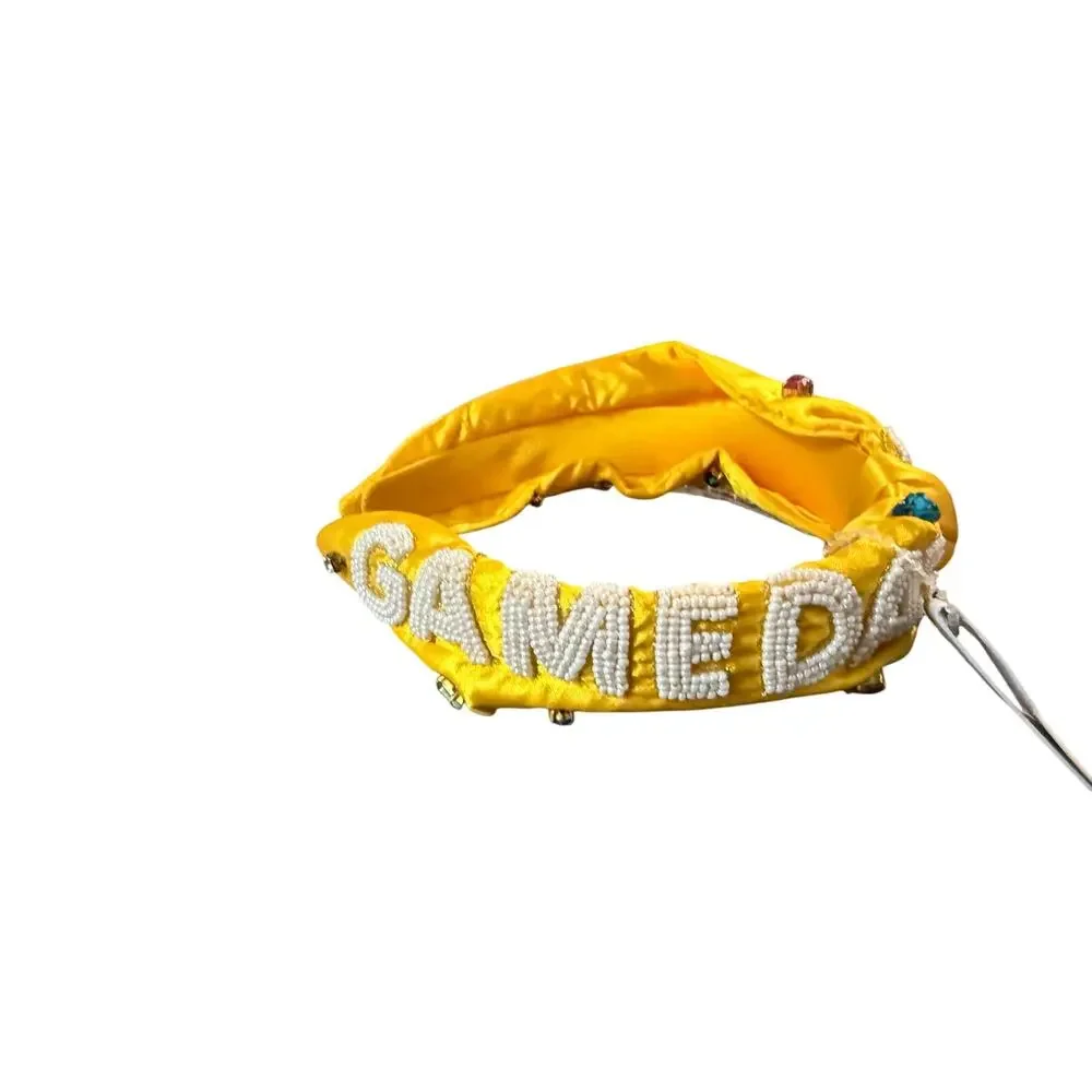 Embellished Yellow Headband with Game Day and colorful stones.